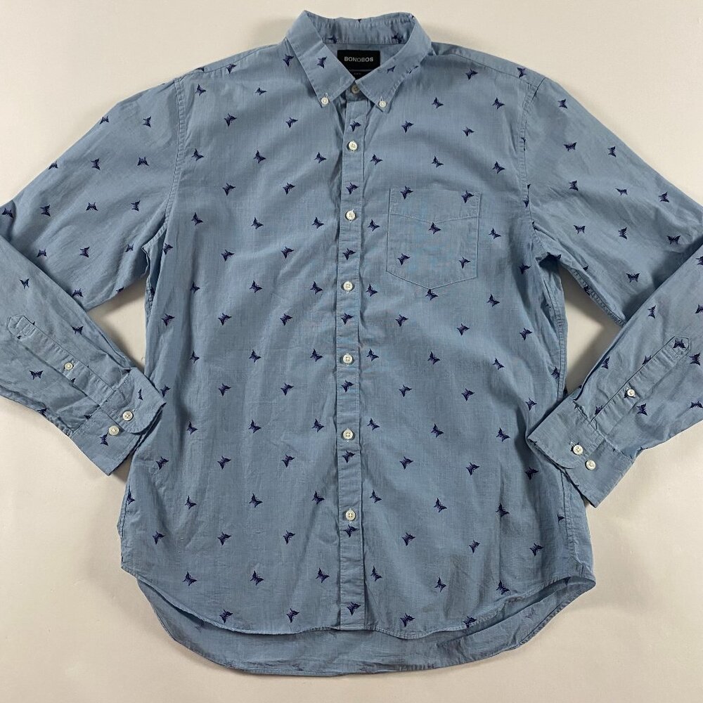 Bonobos Butterfly Print Slim Fit Button Down Shirt Men's XL Blue Cotton
